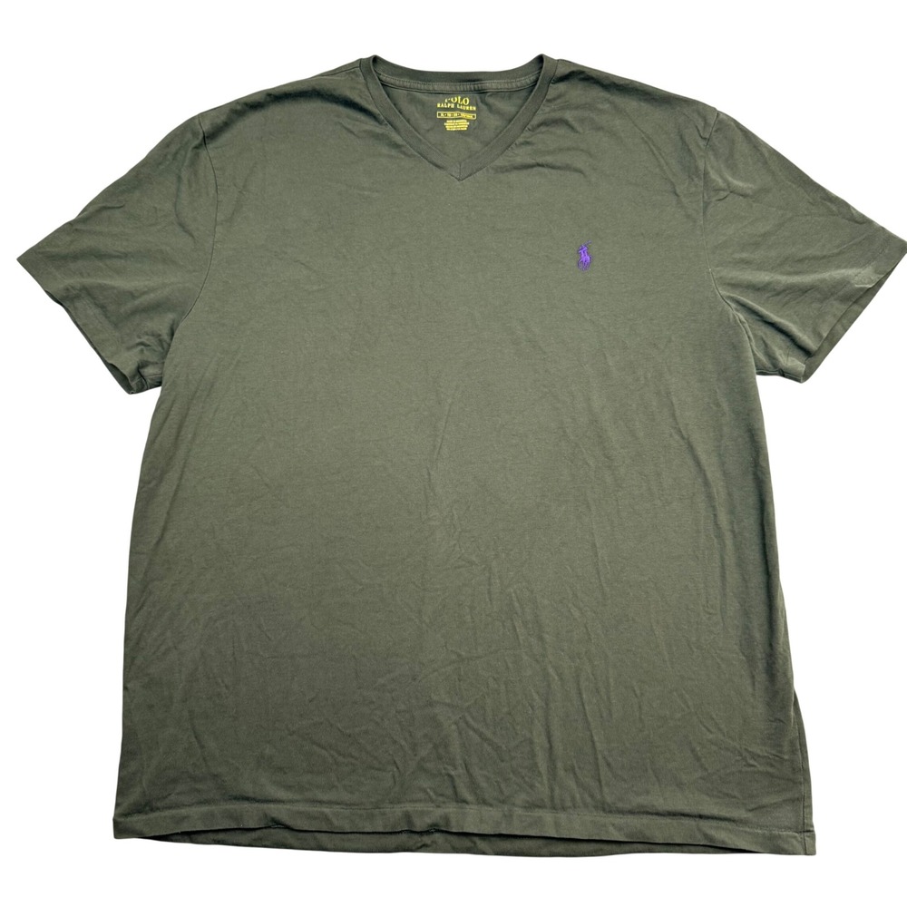 Polo Ralph Lauren Mens XL V-Neck T-Shirt Olive Green Purple‎ Pony Short Sleeve